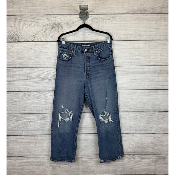Levi's Women's Ribcage Button Fly Distressed Straight Leg Ankle Jeans Size 31 - Picture 1 of 9
